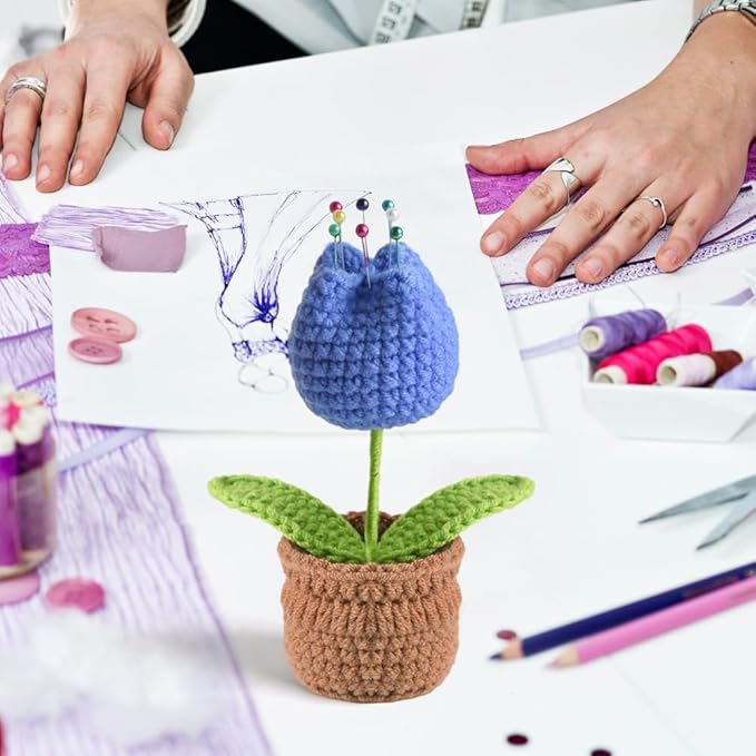 Tulip Pin Cushion, Handmade Knitted Pincushions, Cute Pin Cushions Needle Holders for Sewing Quilting Accessory, DIY Crafts or Patchwork Decor.Flowerpot Design Blue Tulip