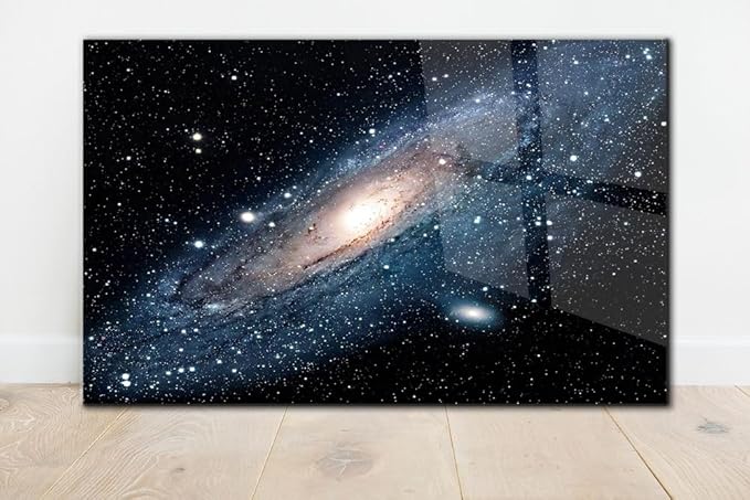 SpiritualHands Andromeda Space Galaxy Glass Wall Art Painting for Living Room, Tempered Glass Modern Prints Decor, Large Vivid Color Panel for Bedroom, Kitchen, or Office
