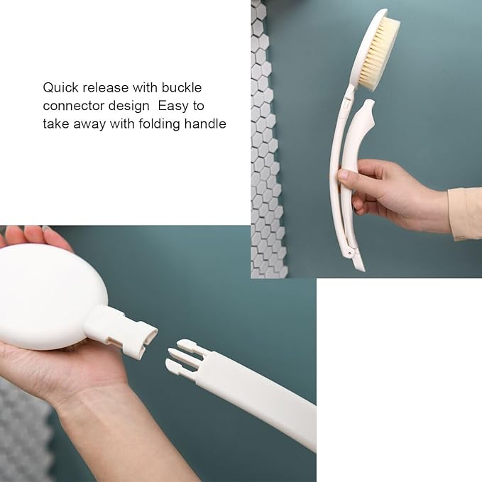 LFJ 19" Long Handle Shower Sponge Brush Set, 3 in 1 Body Brush, Bath Sponge and Lotion Applicator Improved Skin Health, Suitable for Men and Women (White Brush with pumice-1P)