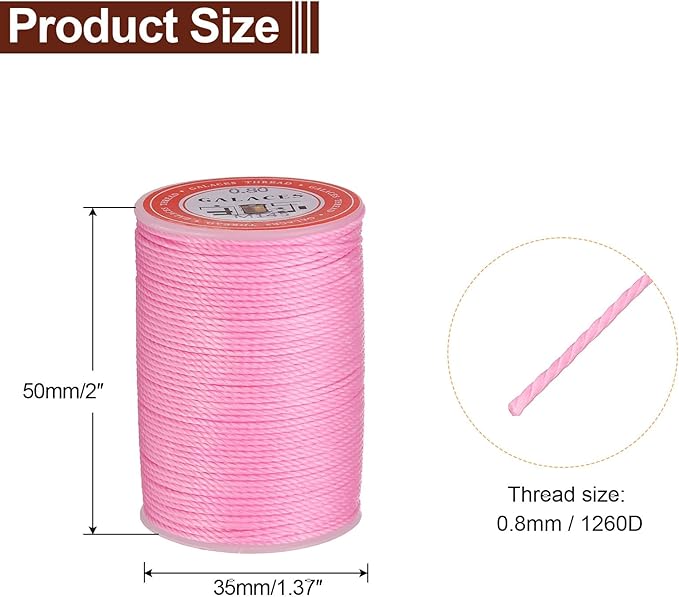 uxcell Round Leather Sewing Waxed Thread, 55m / 60 Yards Polyester Wax String, 0.80mm Wax Stitching Cord for Leather Crafts, Bookbinding, Bracelets Braided, Pink, 2pcs