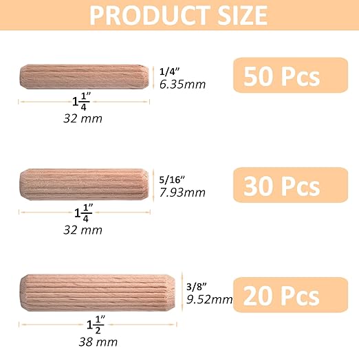 100 Pcs Wooden Dowel Pins - 1/4 inch, 5/16 inch,3/8 inch Fluted Wood Dowels Rods,Hardwood Crafts Dowel Pegs