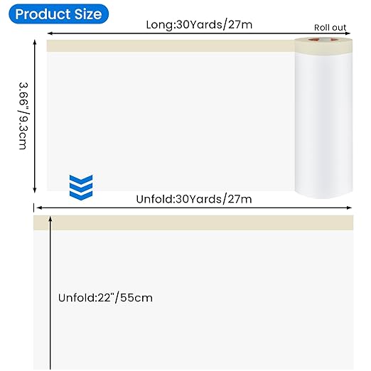 TAPEBEAR Upgrade Pre-Taped Masking Film Extra Thick, High Temp Tape and Drape 22" x 90', Plastic Cover for Automotive, Painting, Plastic Sheeting Masking Tape Film for Auto, Floor, Furniture, 4Rolls