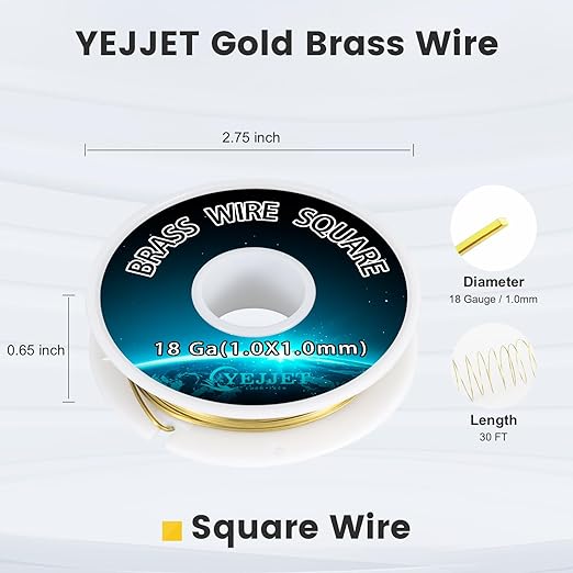 Square Brass Wire 18 Gauge 1.0x1.0mm (30 Feet) - Jewelry Crafting Wire for Metalworking, DIY Projects, Clockmaking