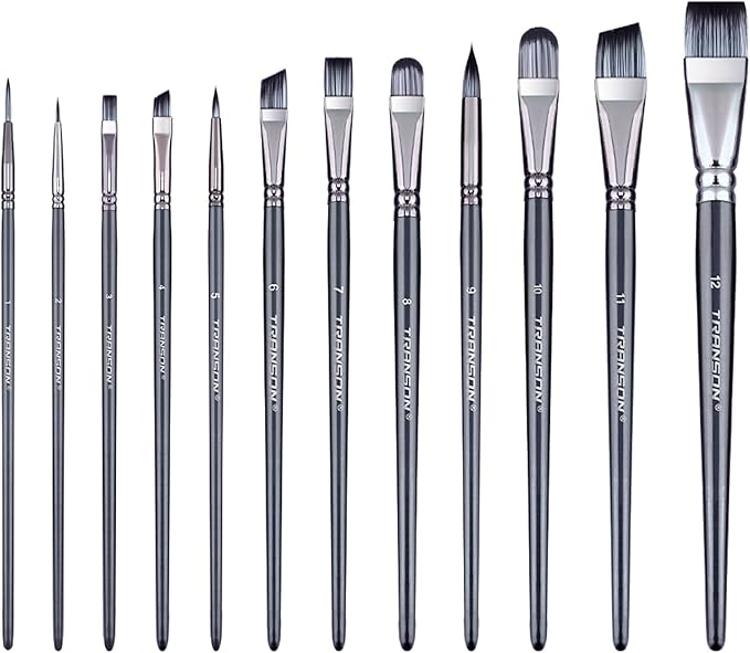Transon Artist Paint Brush Set of 12 for Watercolor Acrylic Gouache Oil and Tempera Painting