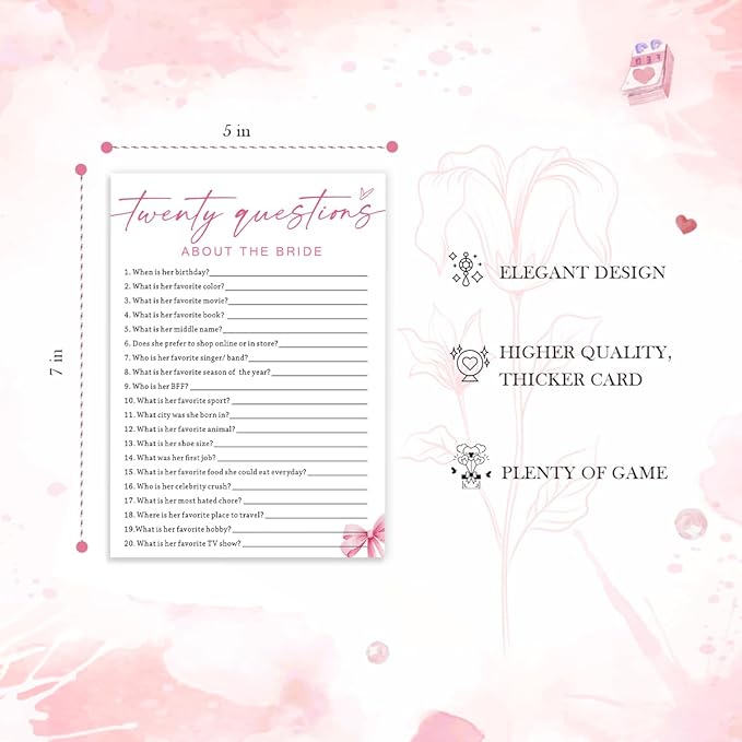 Wedding Shower Games Cards, Twenty Questions About The Bride, Bridal Shower Games 25 Guests, Engagement Party Wedding Games for Guests, Pink Ribbon Bow Wedding Party Supplies - E05