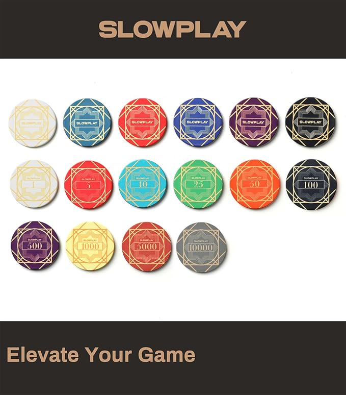 SLOWPLAY Nash Ceramic Poker Chips in Bulk, Casino Grade Ceramic 10-Gram Poker Chip for Texas Hold'em, 39mm Professional Chips Pack of 50 with Denomination of 10