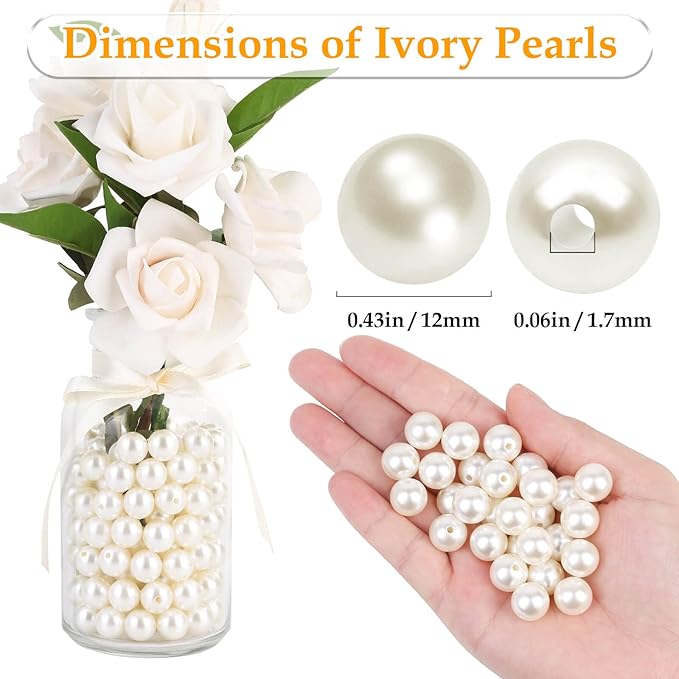Pearl Beads for Craft, Anezus 200pcs Ivory Faux Fake Pearls, 12 MM Sew on Pearl Beads with Holes for Jewelry Making, Bracelets, Necklaces, Hairs, Crafts, Decoration and Vase Filler