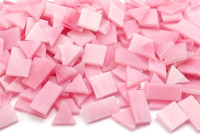 Lanyani 200 Mixed Color Glass Mosaic Tiles - 4 Shapes, Tiffany Stained Glass Pieces for Crafts, Pink