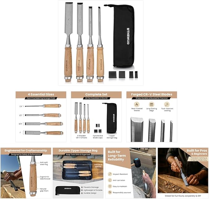 Wood Chisel Set – set of 4 Woodworking Chisels w/CR-V Steel Blades, Zipper Bag - Anti-Rust Coating Wood Chisels for Woodworking - Lightweight & Durable Carpenter Tools for Woodworking