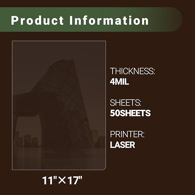 Laser Transparency Film 50 Sheets 11 x 17 Inche Clear Overhead Projector Film Clear Transparency Paper for Laser Printer