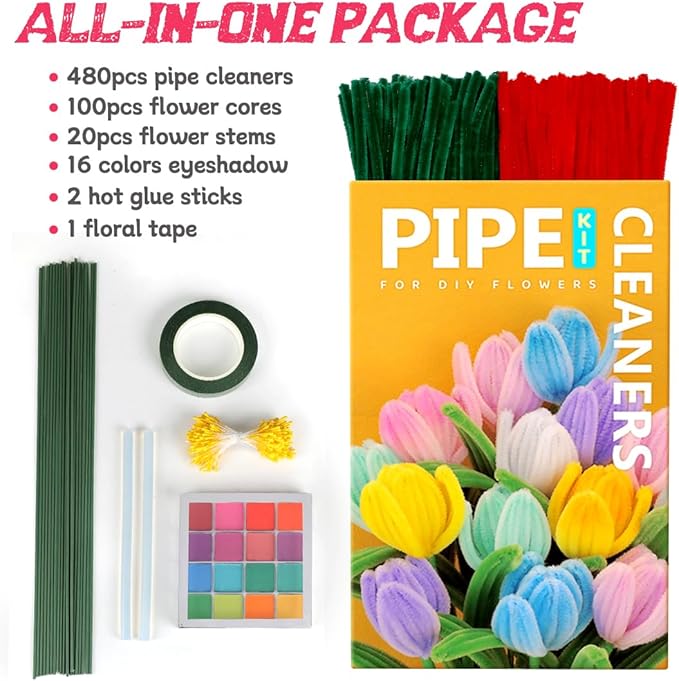 IOOLEEM Pipe Cleaners, 480pcs Red Roses, Flower Making Kit, Arts and Craft Supplies, Ideas for Art Project Activity.