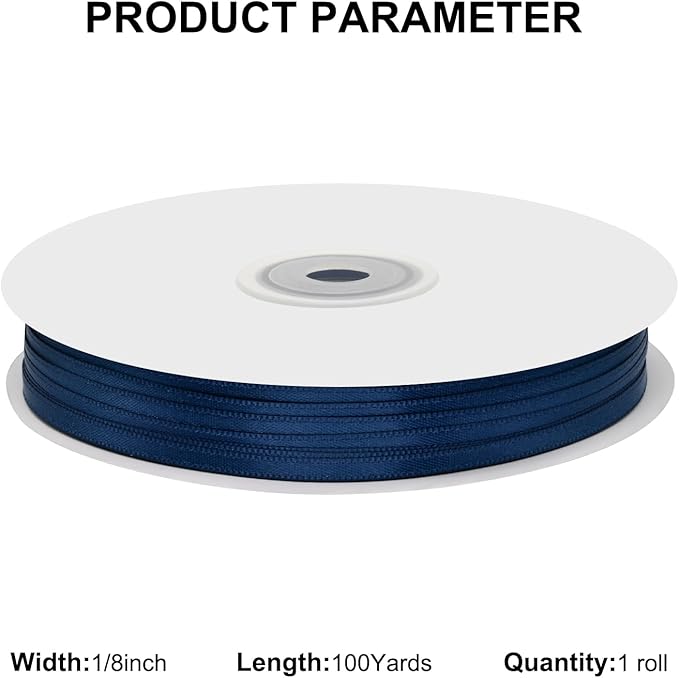1/8 Inch X 100 Yards Navy Blue Satin Thin Ribbon Solid Color Double Faced Ribbons Perfect for Crafts Wedding Decor Bow Making Arts Sewing and More