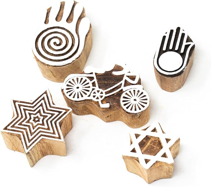 Hashcart Wooden Stamp Block, Printing Stamp Design Set | Block for Printing Saree Border | Dresses, Craft Card Making, Scrapbook, Clay Pottery | Set of 5