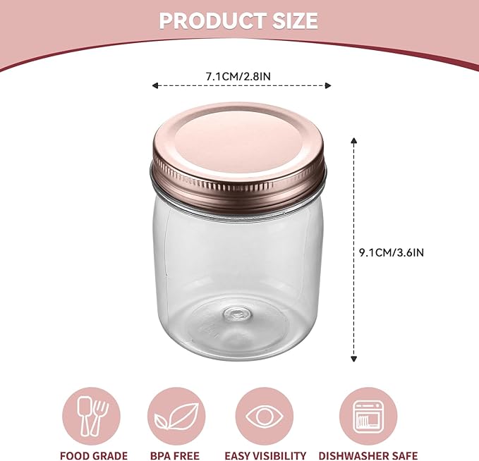 novelinks 8 oz Clear Plastic Jars with Screw-On Lids - BPA-Free Refillable Storage Containers for Slime, Spices, Crafts, Kitchen & Home Organization (16 Pack,Rose Gold)