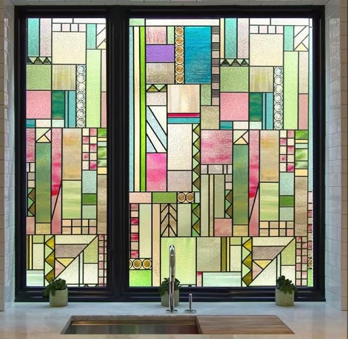 3D Stained Glass Window Privacy Film, Heat Control UV Blocking Static Cling Decorative Window Film for Bathroom,Front Door,Home Non Adhesive,Colorblock 16.9 x 78.7 inches