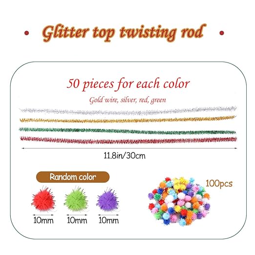 200 Pieces Pipe Cleaners, Christmas Glitter Pipe Cleaners, Pipe Cleaners Chenille Stem with 100 Pom Poms, Craft Pipe Cleaners for Creative Christmas Decoration Supplies Arts and Crafts Project