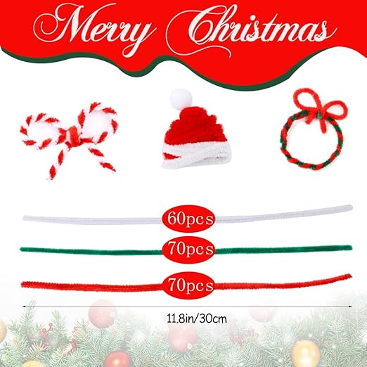 200 PCS Pipe Cleaners, Christmas Craft Pipe Cleaners, Pipe Cleaners Chenille Stems, Pipe Cleaners Bulk, Art Pipe Cleaners for Creative Christmas Decoration Supplies (Red+Green+White)
