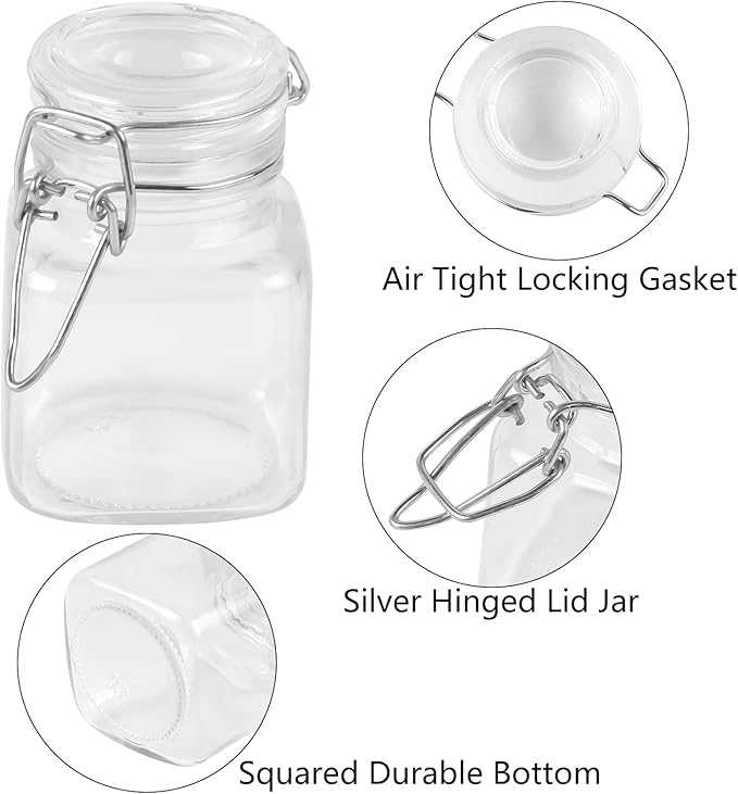 MIDELONG Spice Jars, 3oz Square Glass Jars with Hinged Glass Lid, Empty Spice Containers, Leak Proof Rubber Gasket for Home Kitchen Arts Crafts Decoration Snack Foods and Sauces, Pack of 2