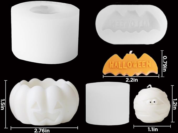 3 Pcs Halloween Candle Silicone Molds Set, DIY Letter Bat, Mummy Ball and 3D Pumpkin Container Mould for Candle Making, Wax Gypsum Ornament Resin Soap Chocolate Mold Home Decor