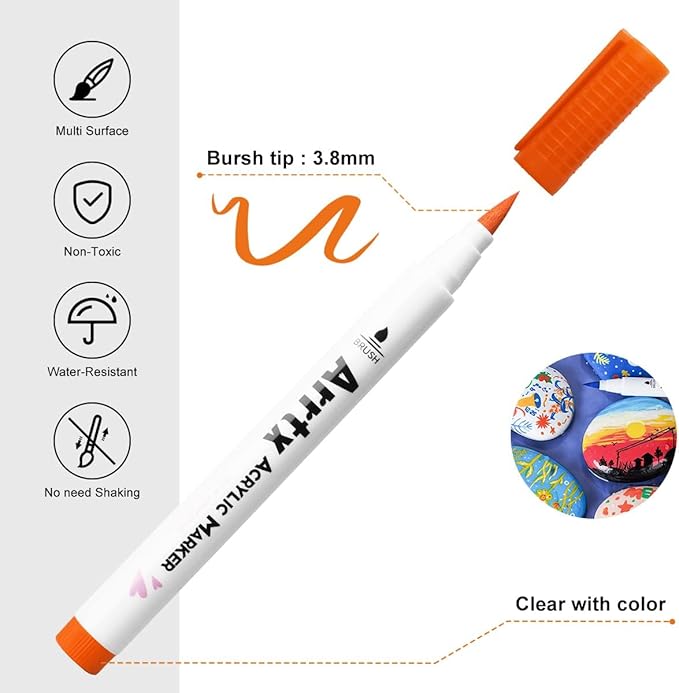 Arrtx 30 Colors Acrylic Paint Pens for Rock Painting, Extra Brush Tip, Water Based Paint Markers for Stone, Glass, Easter Egg, Wood and Fabric Painting-No Toxic,No Odor 30B