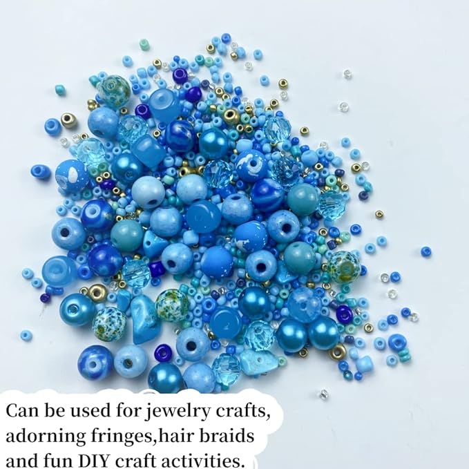 Assorted Glass Resin Beads Multi Size Colors Smooth Cracked Gravel Millet Spacer Beads for Bracelets Necklace Earring DIY Jewelry Making Craft(Lake Blue Series)