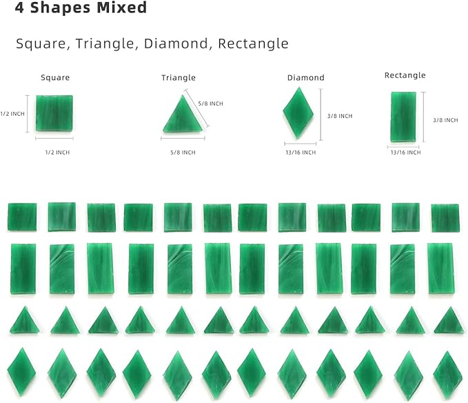 Lanyani 200 Mixed Color Glass Mosaic Tiles - 4 Shapes, Tiffany Stained Glass Pieces for Crafts, Pine Green