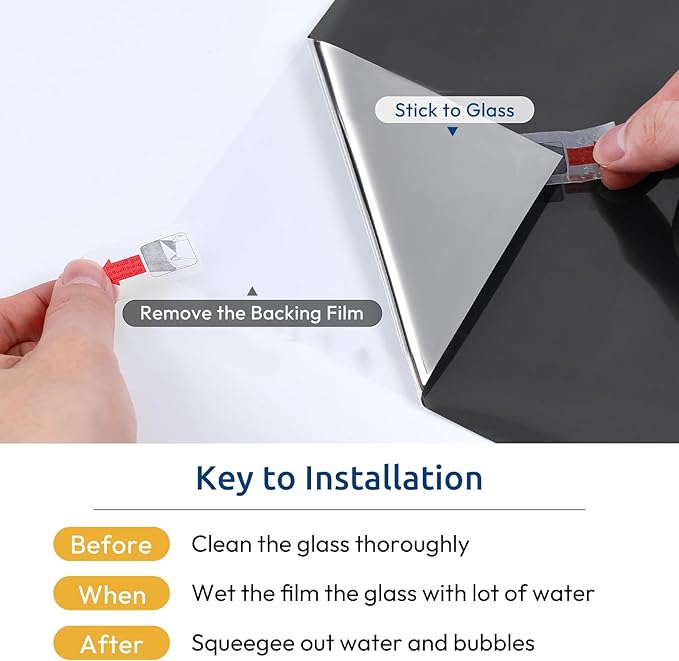 rabbitgoo Window Privacy Film One Way Window Tint for Home, Removable Reflective Heat Sun Blocking Anti UV Glass Door Covering, Mirror Tinting Film House Office, 35.4 in X 32.8 Feet, Black Silver