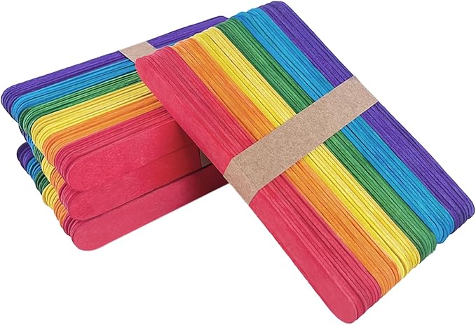 Colored Jumbo Wooden Craft Sticks, 6 Inch, 200 Pieces, 3/4 Inch Wide, Multi-Colored