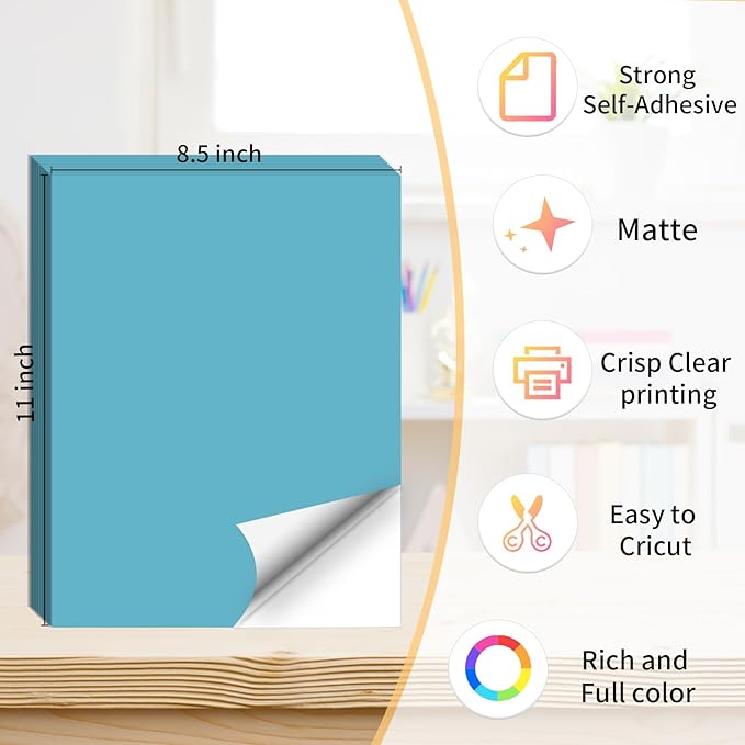 Printable Sticker Paper, 20 Sheets Lake Blue Printable Sticker Paper, Laser/Inkjet Printing- Matte, Letter Size (8.5" x 11")