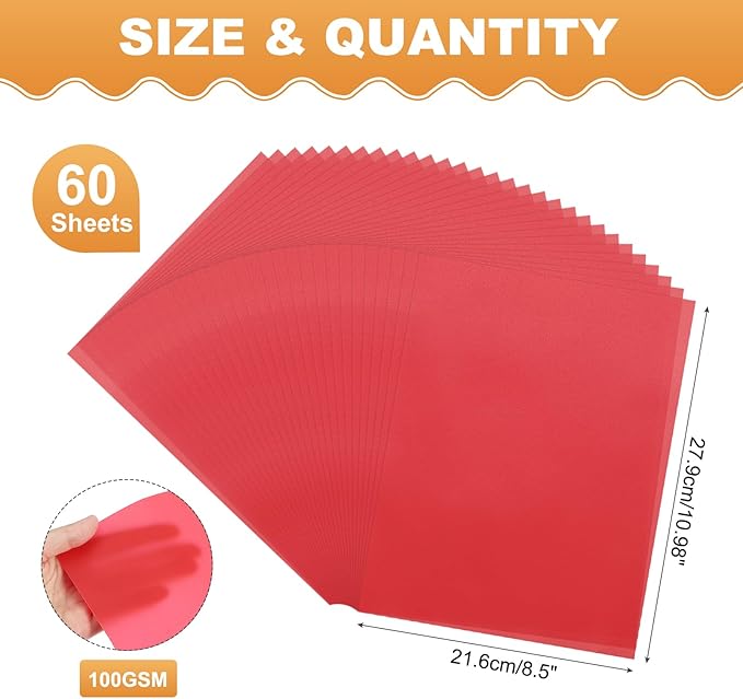 MECCANIXITY 60 Sheet Colored Vellum Paper 8.5" x 11", 100gsm Translucent Printable Vellum Sheets for Printing Wedding Invitations Inkjet Laser Printer, Red