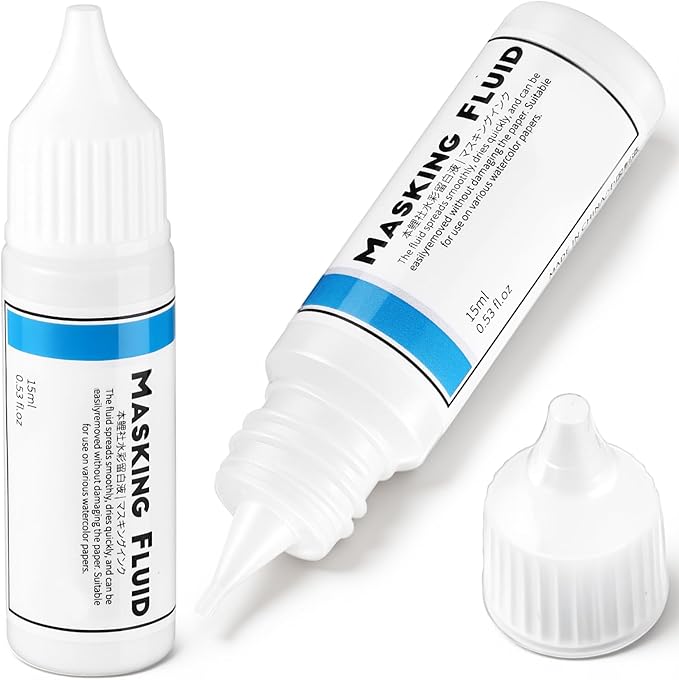 2 Pcs Masking Fluid for Watercolor Painting, 15ml Capacity Bottle with 3mm Applicator Nozzle, Masking Fluid Pen for Various Art Projects Watercolor Ink (White)