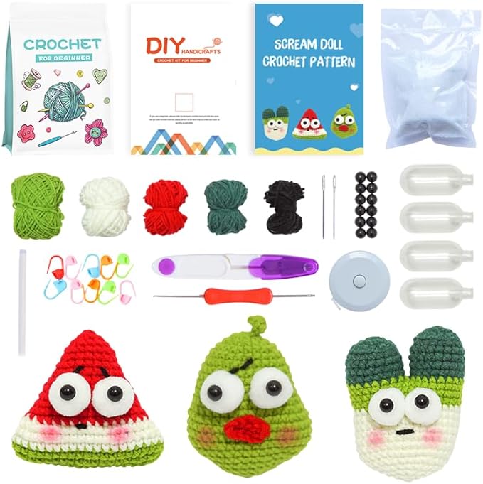 DetFinns Crochet Kit for Beginners, Squish Crochet Starter Kits with Step-by-Step Video Tutorials, DIY Craft Kits Amigurumi Knitting Supplies, Easy Knitting Kit Vegetable Friends (40%+ Yarn)