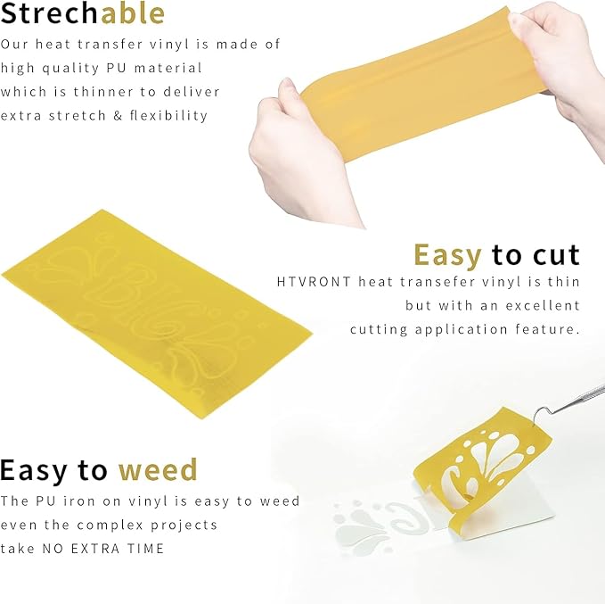 HTVRONT Gold HTV Heat Transfer Vinyl Bundle: 24 Pack 12"x12" Iron on Vinyl Sheets for T-Shirt (1 PTFE Sheet Included), Gold PU HTV Vinyl Easy to Cut & Weed for Heat Design