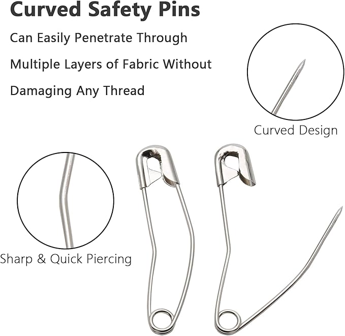 60Pcs Curved Safety Pins Size 4, 2-1/4 inch / 57mm Quilting Basting Pins, Bent Safety Pins for Quilting and Knitting (Sliver)