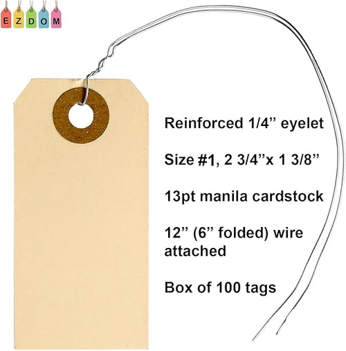 100 Manila Shipping Tags with Wire Attached #1-2 3/4” x 1 3/8” - Small Paper Hang Labels with Metal Ties and Reinforced Hole, Pre-Wired Tags to Tie On