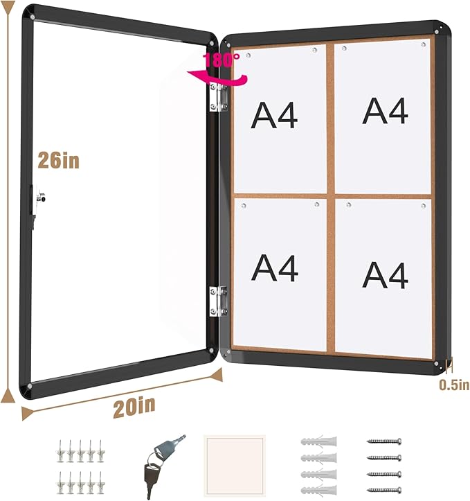26"x20" Enclosed Bulletin Board, Lockable Weather-Resistant Aluminum Cork Noticeboard for School & Office, Black Frame w/Cork