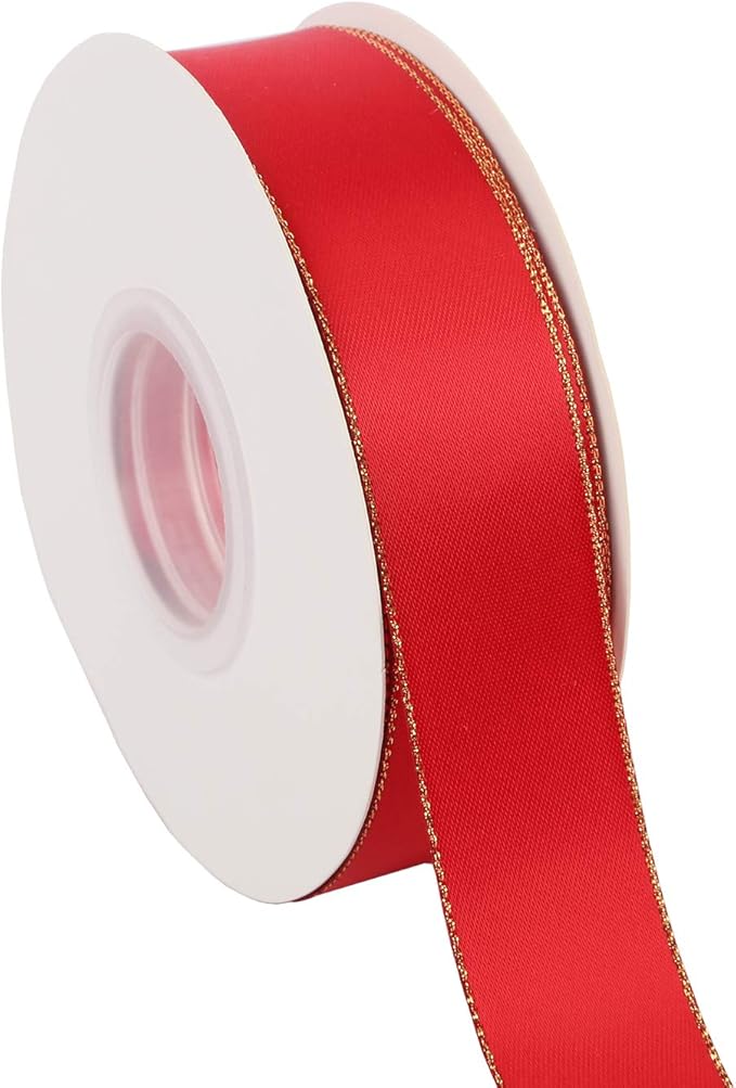 ITIsparkle 1" Inch Double Faced Satin Ribbon 25 Yards with Gold Edges, 1" X 25Yd - Red