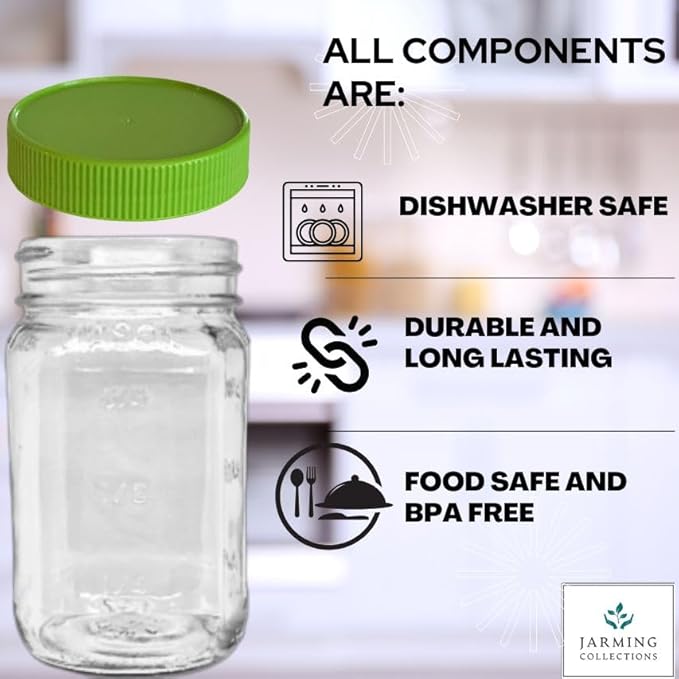 JARMING COLLECTIONS 16oz Glass Mason Jars with BPA-Free Plastic Lids – Regular Mouth Pint Mason Drinking and Storage Jars for Kitchen, Pantry, Canning, and Food Storage