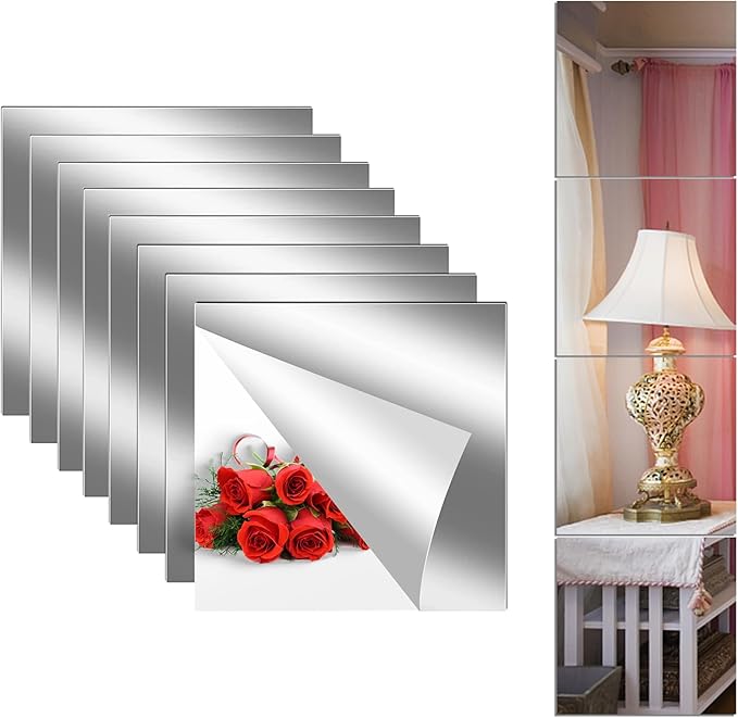8PCS Self Adhesive Acrylic Mirror Tiles, Flexible Mirror Sheets Wall Stickers, Frameless Non-Glass Mirror Stickers Reflective Mirror for DIY Craft, Home Wall Decor (20 * 20cm,2mm)