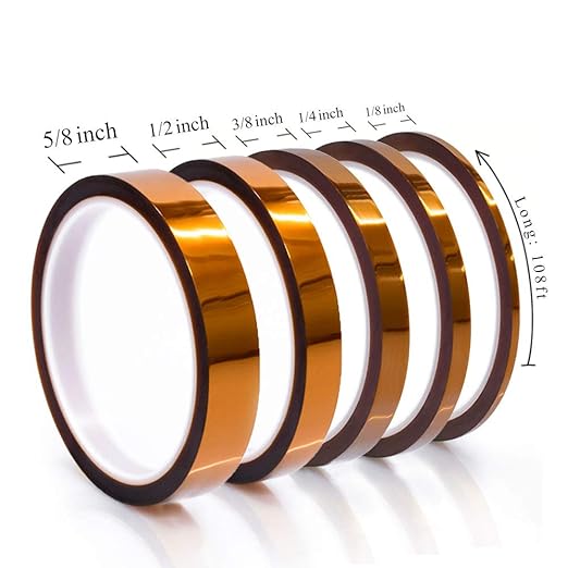MYJOR high Temp Tape, Heat Press Tape Used to Protect CPU, PCB Circuit Board Professionals (1/8", 1/4", 3/8", 1/2", 5/8"-108ft, 5 Rolls)