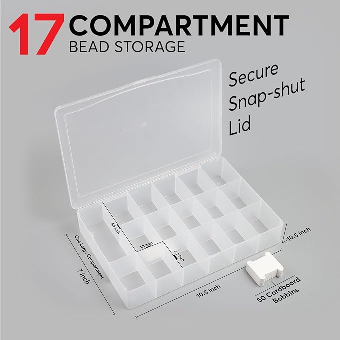 3PACK Embroidery Floss Organizer Box with 50 Cardboard Bobbins - 17 Compartments Clear embroidery thread and Beads organizer box, Snap-Tight Clear Sewing Organizer - Jewelry Bead Holder (Made in USA)