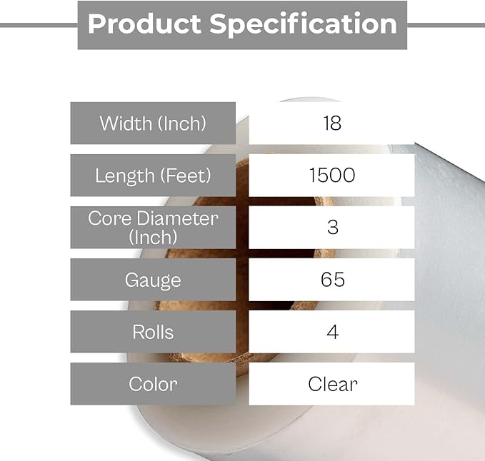 PSBM Stretch Wrap, 4 Pack, 18 Inch x 1500 Feet, 65 Gauge, Clear Plastic Cling, Cast Hand Stretch Film Rolls for Packaging Moving Packing Pallets