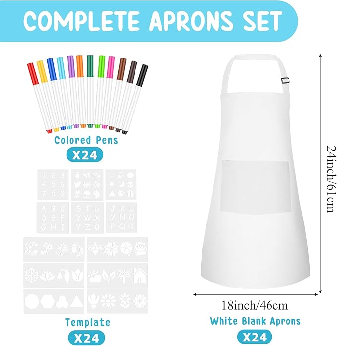 Morcheiong 6/12/24 Pack Adjustable Kid Apron Children Apron with Colored Pen and Craft Template Children Painting Apron-White