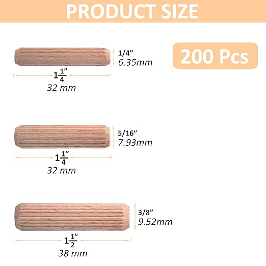 1/4-Inch Wooden Dowel Pins - 200 Pcs 1/4 x 1-1/4 inch Fluted Wood Dowels Rods,Hardwood Crafts Dowel Pegs ,Beechwood