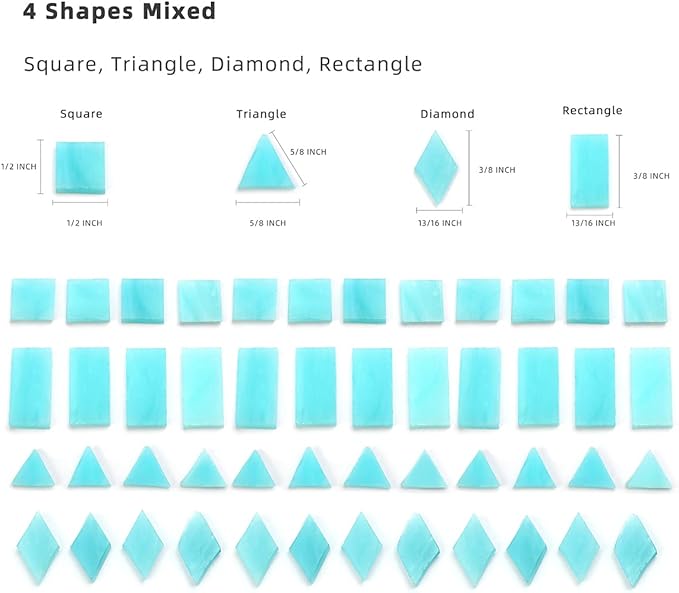 Lanyani 200 Mixed Color Glass Mosaic Tiles - 4 Shapes, Tiffany Stained Glass Pieces for Crafts, Robins Egg Blue