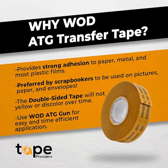 WOD General Purpose ATG Tape, 1/4 inch x 36 yds. (Set of 6 Rolls) Adhesive Transfer Tape Glider Refill Rolls Clear Adhesive on Gold Liner (Acid Free) RWATG20