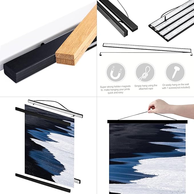 Ywlake Magnetic Poster Hanger, 36x48 36x24 36x12 Poster Frame Wood Wooden Magnet Print Posters Dowel Scroll Hanger Hangers Hanging Kit for Walls Map Canvas Artwork (Black, 36")
