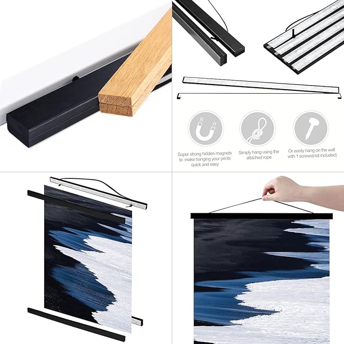 Ywlake Magnetic Poster Hanger, 26x30 26x36 26x19 Frame Wood Wooden Magnet Print Posters Dowel Scroll Hanging Kit for Walls Map Canvas Artwork (Black, 26")