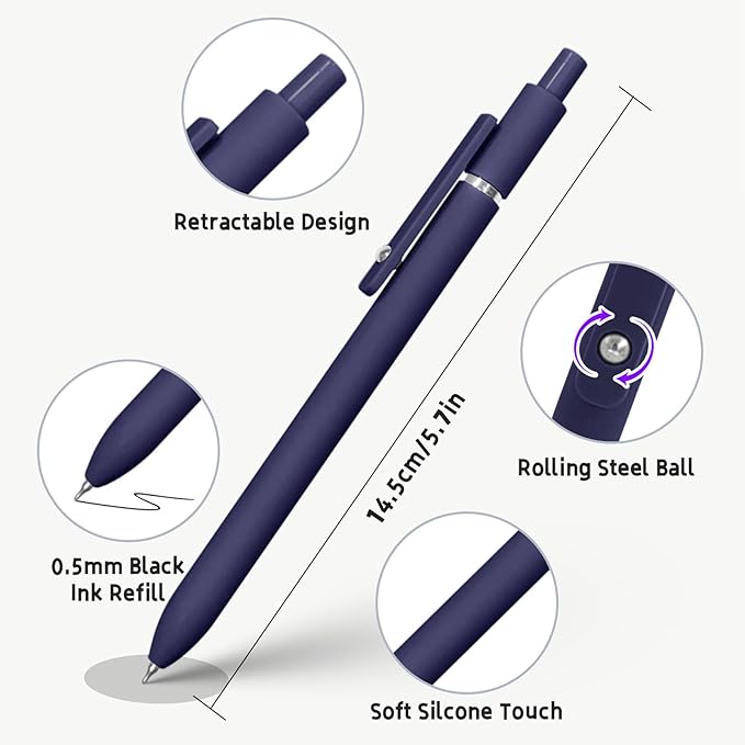 Gel Pens, 10 Pcs 0.5mm Black Ink Pens Fine Point Smooth Writing Pens with Silicone Grip, High-End Series Metal Clip Retractable Pens for Journaling Note Taking (10 Pcs Vintage)