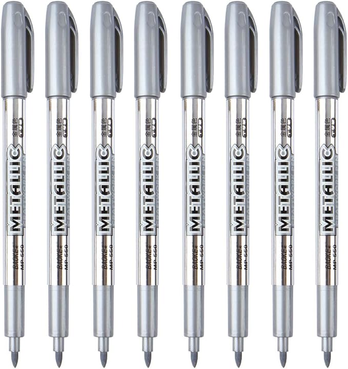 MYARTOOL Metallic Marker Pens, Silver Metallic Permanent Markers for Artist Illustration, Crafts, Gift Card Making, Scrapbooking, Fabric, DIY Photo Album, Value Set of 8